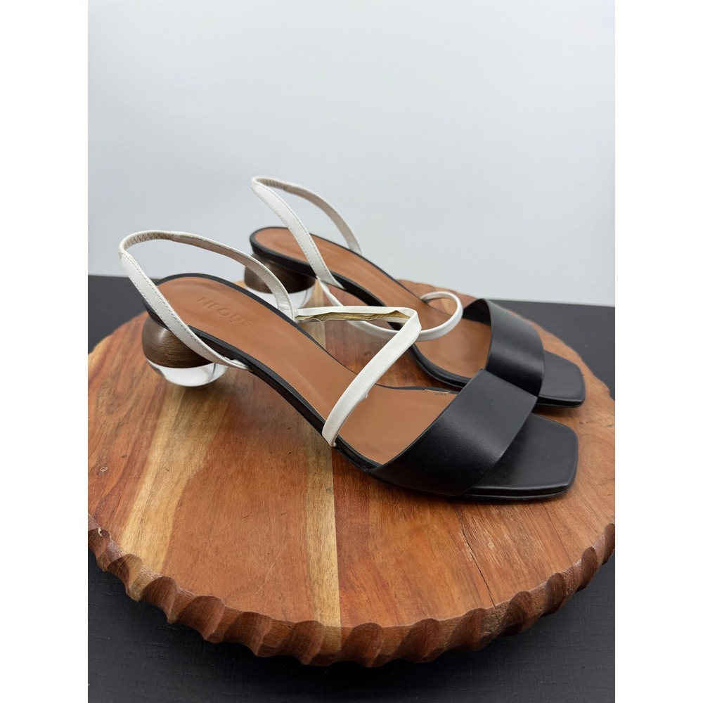 Neous Latouria Heel Leather Slingback Sandals 40 10 Black White Architectural